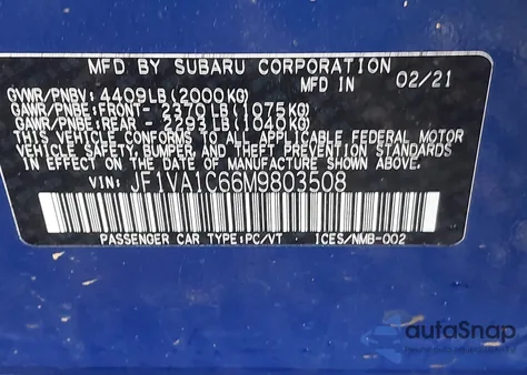 2021 Subaru Wrx Premium from USA, damaged, VIN JF1VA1C66M9803508